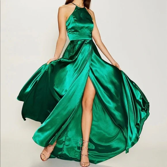 green emerald velvet dress Halter Emerald Green Long Prom Dresses with High Slit Side  loveangeldress